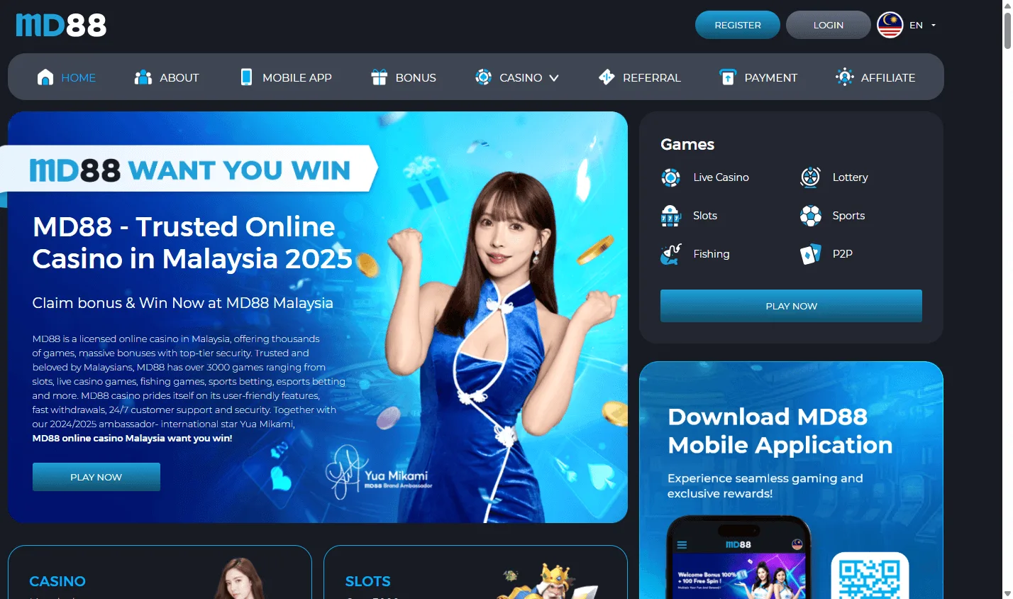MD88 Casino home experience on desktop